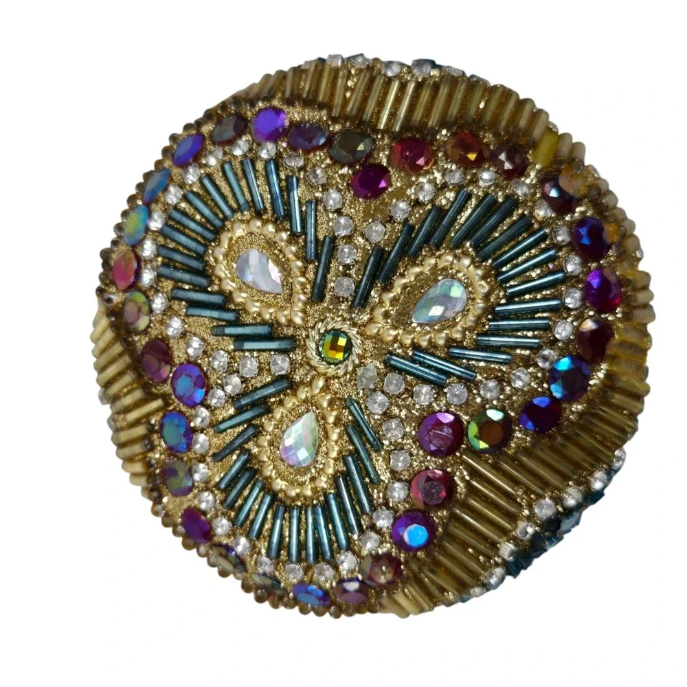 2 Vintage Beaded Bejeweled Trinket Boxes Round Domed Tins Iridescent Gold Blue